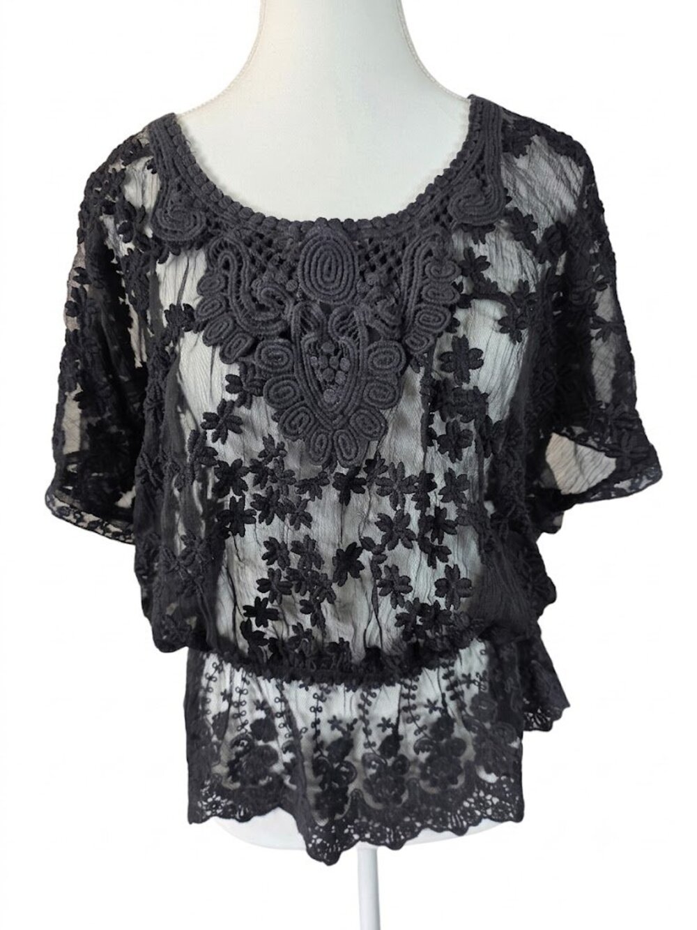 🖤 Gorgeous Black Sheer Lace BoHo Peasant Blouse Size XL